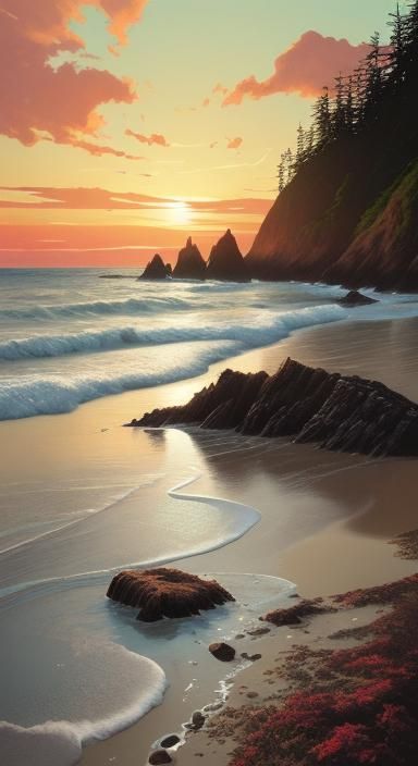 Sunset Beach Scene in French Illustrative Style