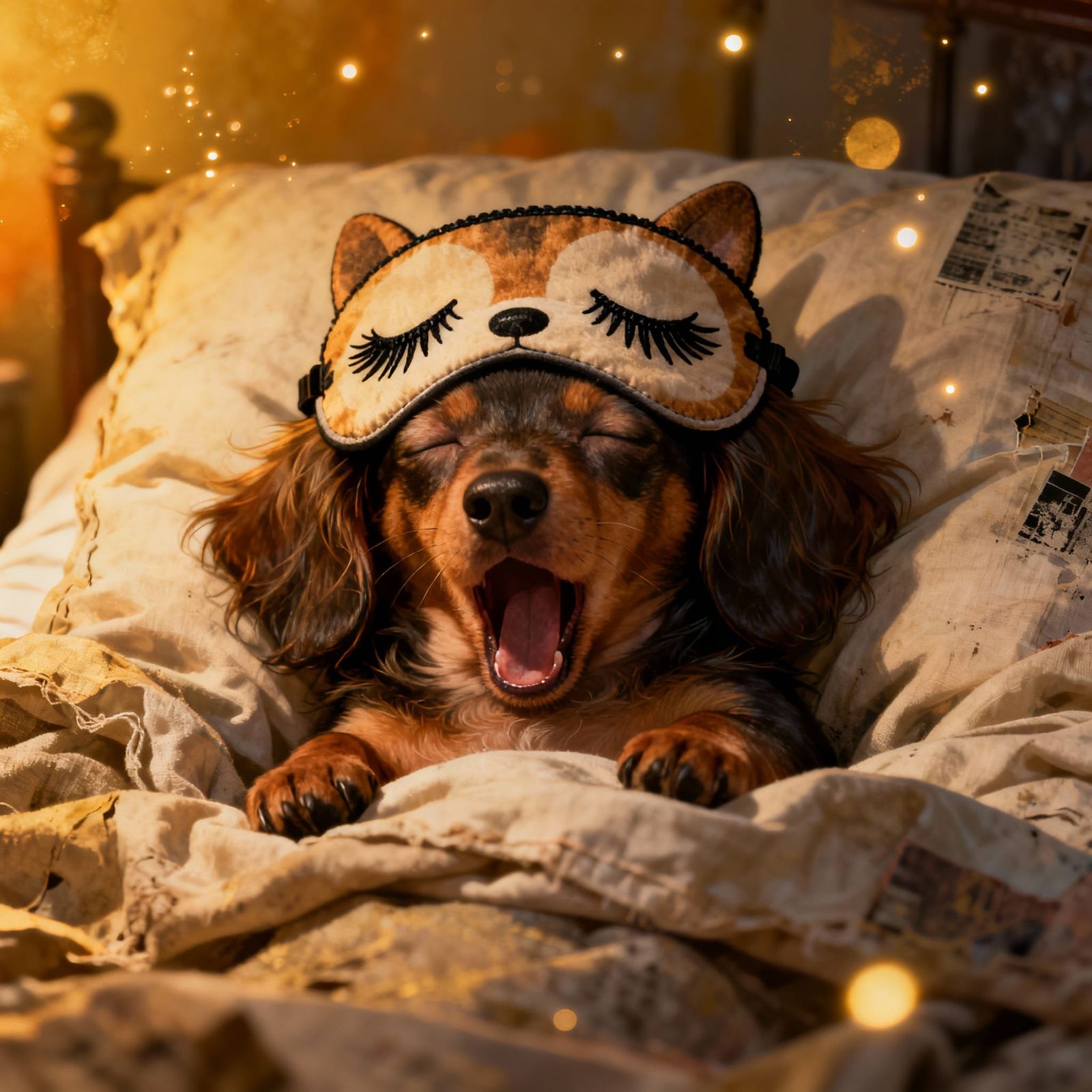Baby Dachshund in Cozy Bed, Whimsical Sleep Mask