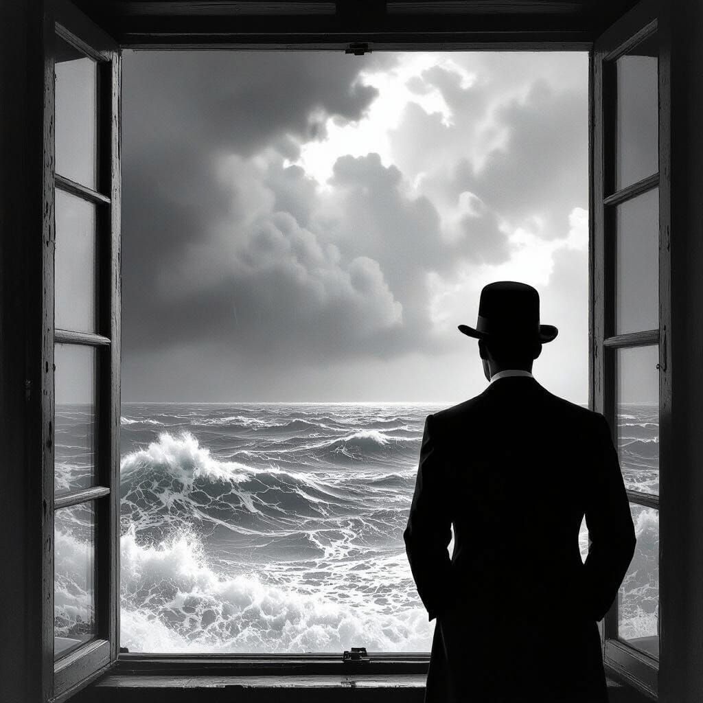 Contemplation: Man Gazing at Stormy Sea in Noir Style