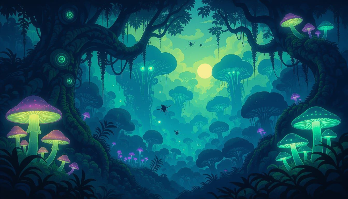 Bioluminescent Alien Jungle Canopy at Twilight