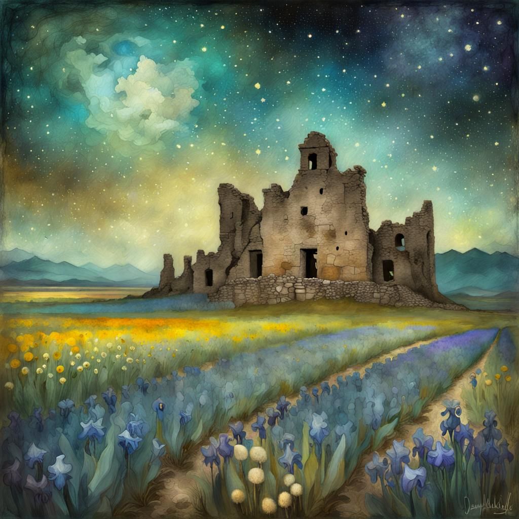 Stone Ruins in Iris Field: Watercolor Fantasy Art