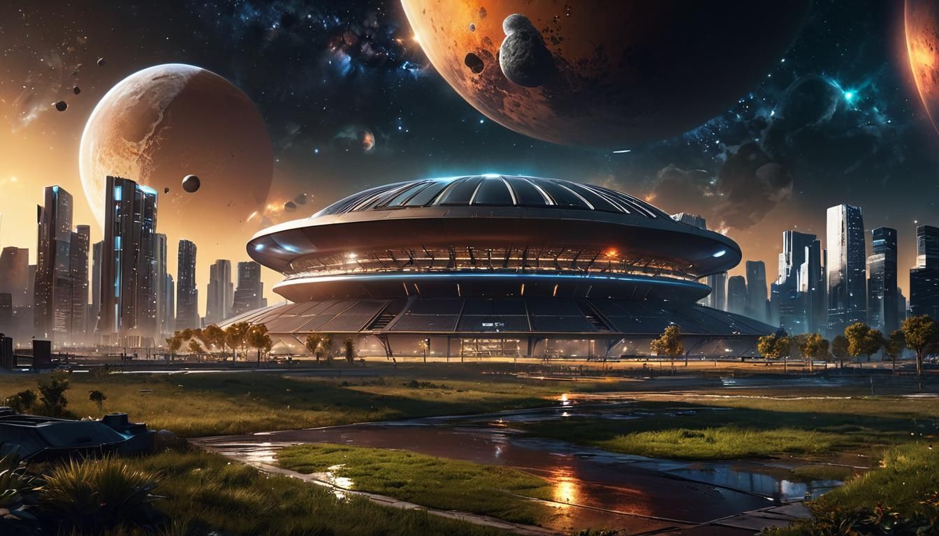 Pluto Over Football Stadium in Futuristic Concept Art