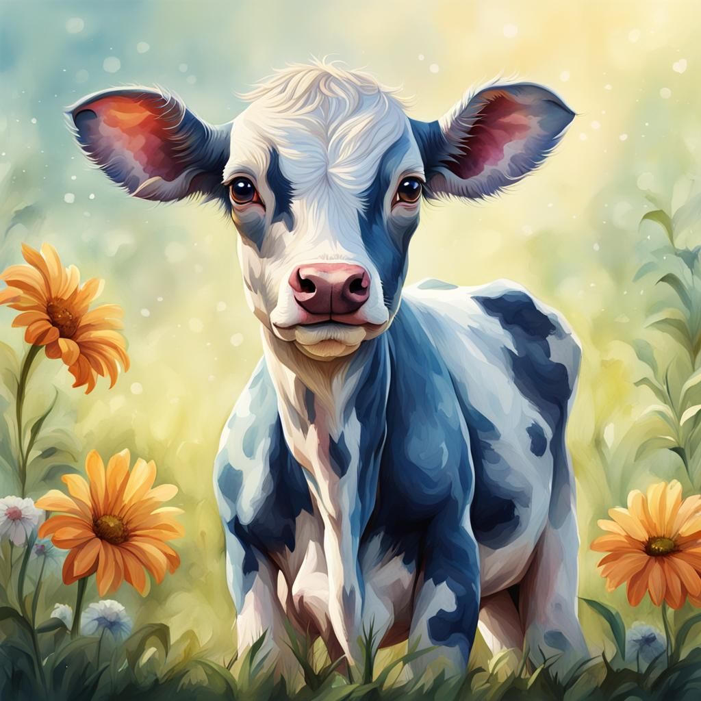 Cute Calf Watercolor Illustration in Children's Book Style