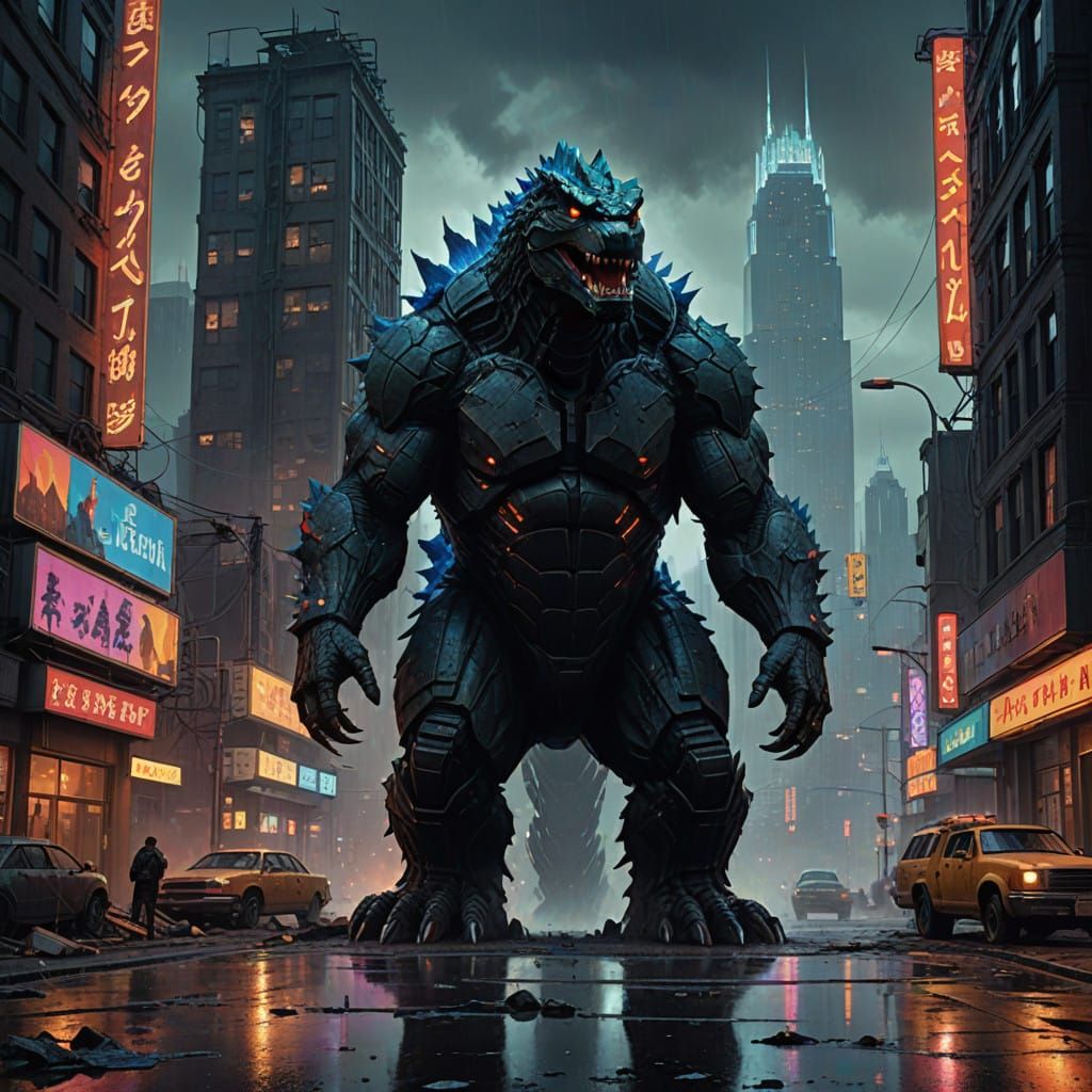 Godzilla Emerges in a Futuristic Cityscape, in Detailed Matt...
