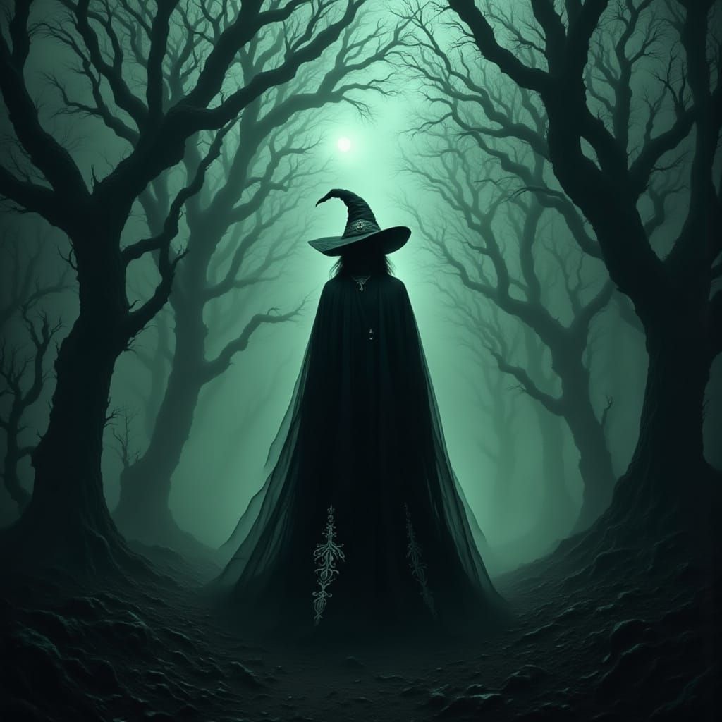 Eerie Witch in Forest of Twisted Trees
