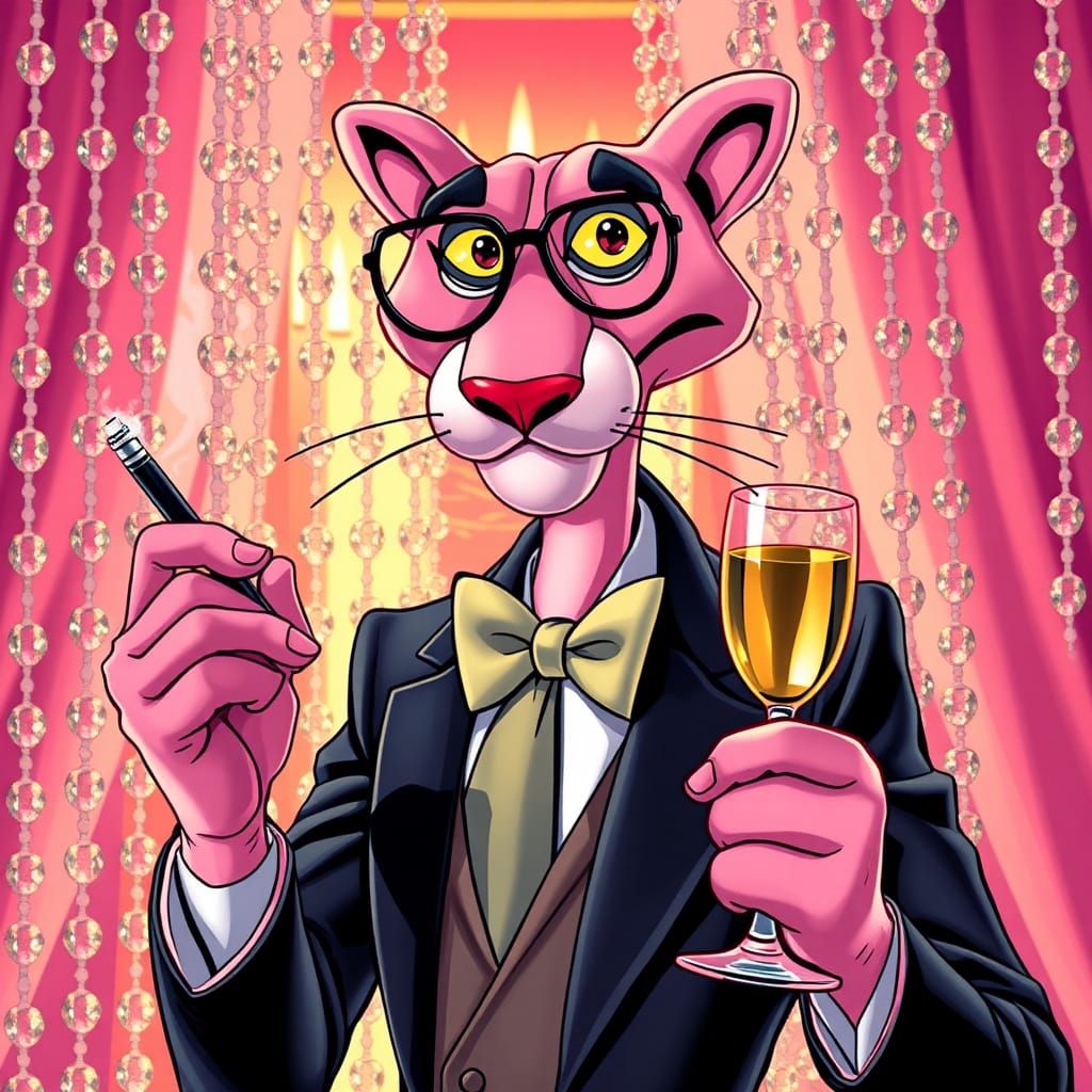 The Pink Panther cartoon character, wearing a monocle, holding a cigarette holder in one hand and a champagne glass in t...