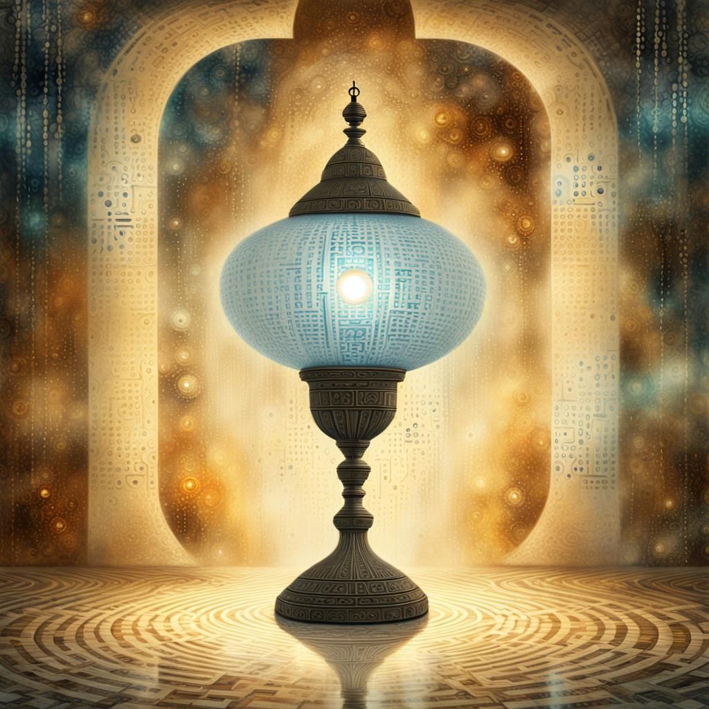 Ornate Lamp in Binary Realm as Klimt-Inspired Art