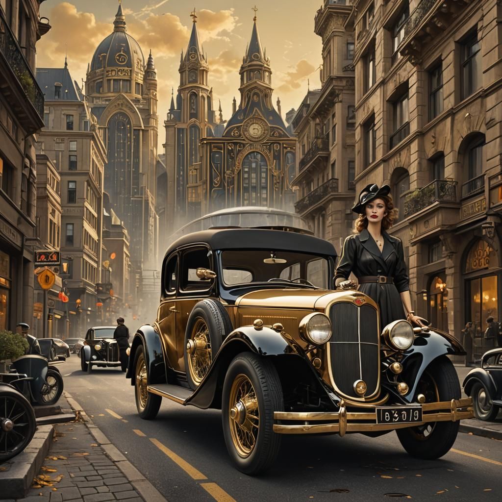 Art Nouveau Poster: Girl with 1935 Car