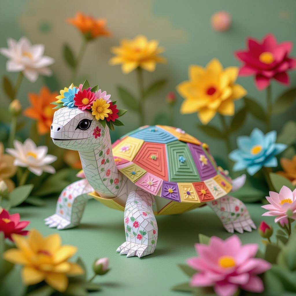 Paper Tortoise with Rainbow Flowers in Surreal Style