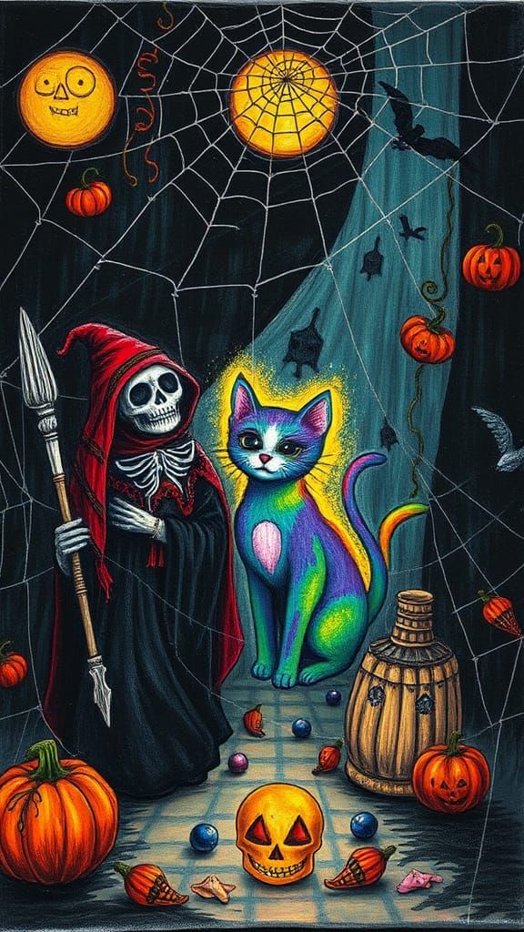 Halloween Black Cat and Santa Muerte in Crayon Style