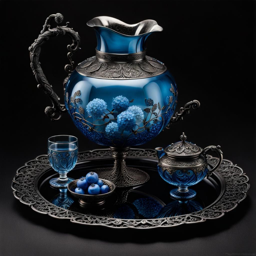 Hyperrealistic Blue Berries and Antique Silver Still Life