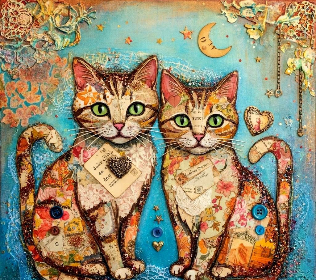 Whimsical Collage Cats in Vibrant Mixed Media