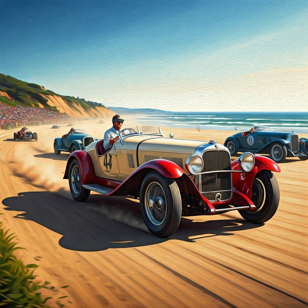 Vintage Car Beach Race as Impressionistic Oil Painting