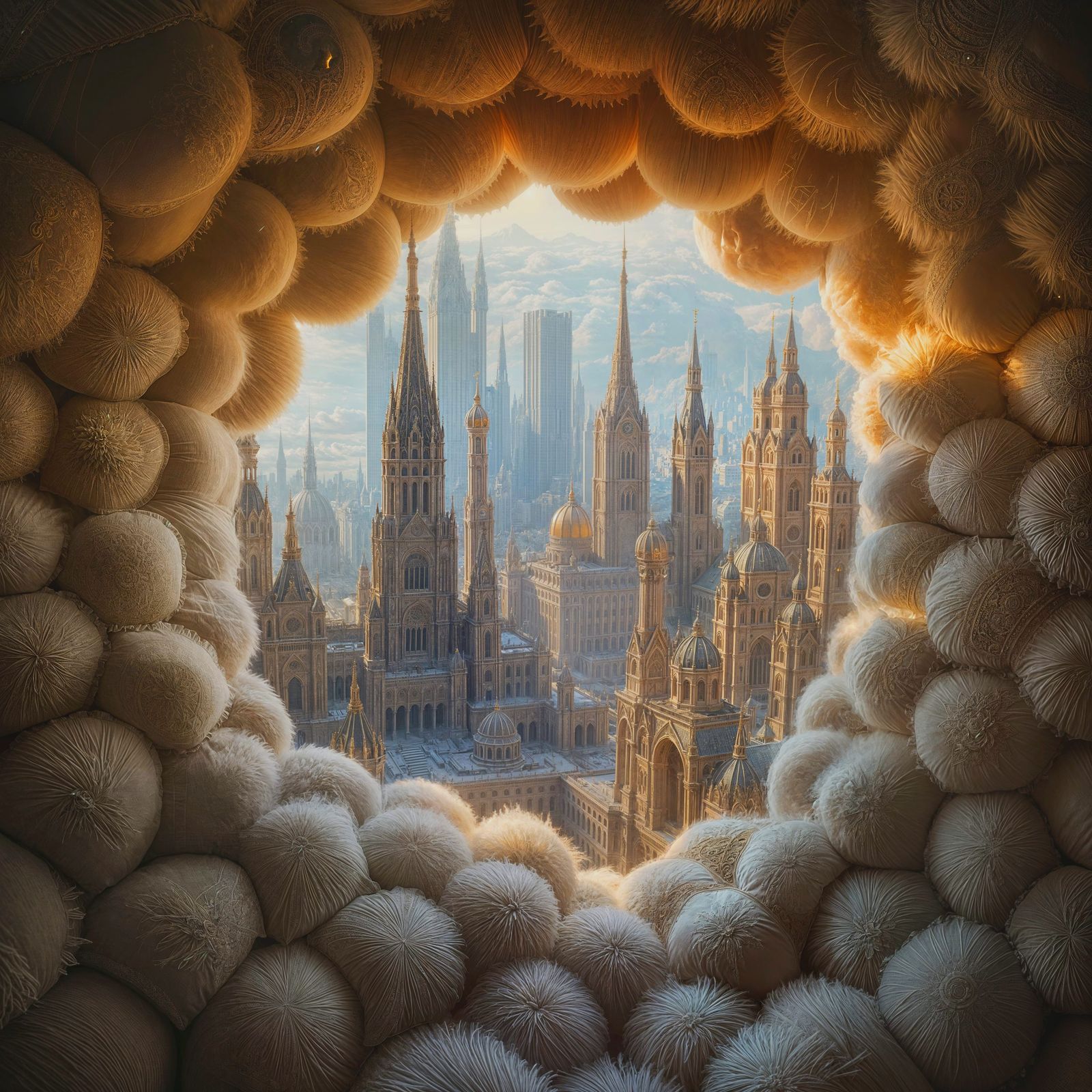 Surreal Metropolis Unfolds Within a Gargantuan Pillow