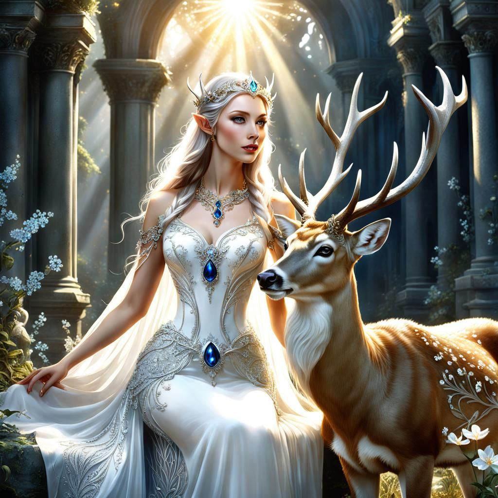 Elven Queen Healing Deer in Ethereal Fantasy