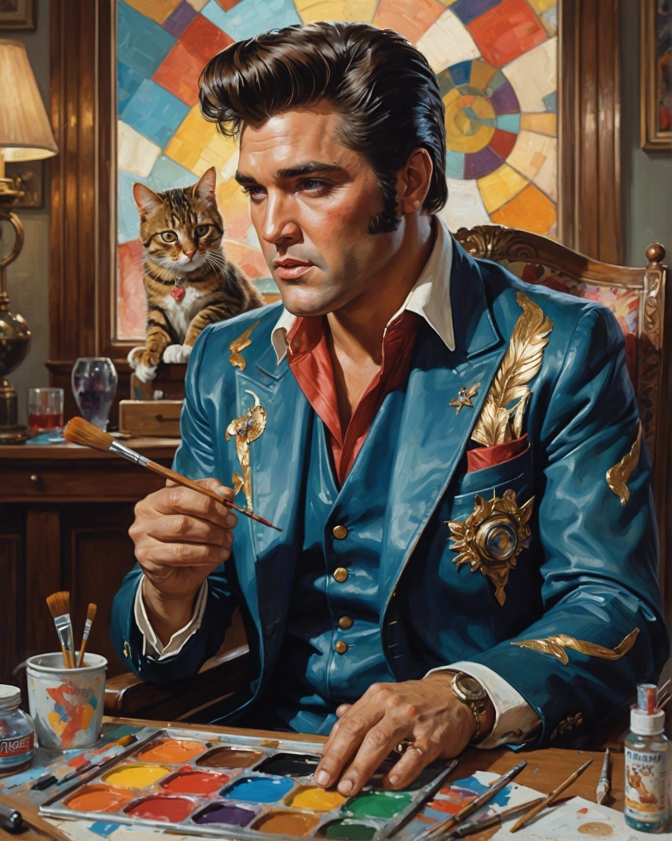 Tabby Cat Paints Elvis Presley Portrait