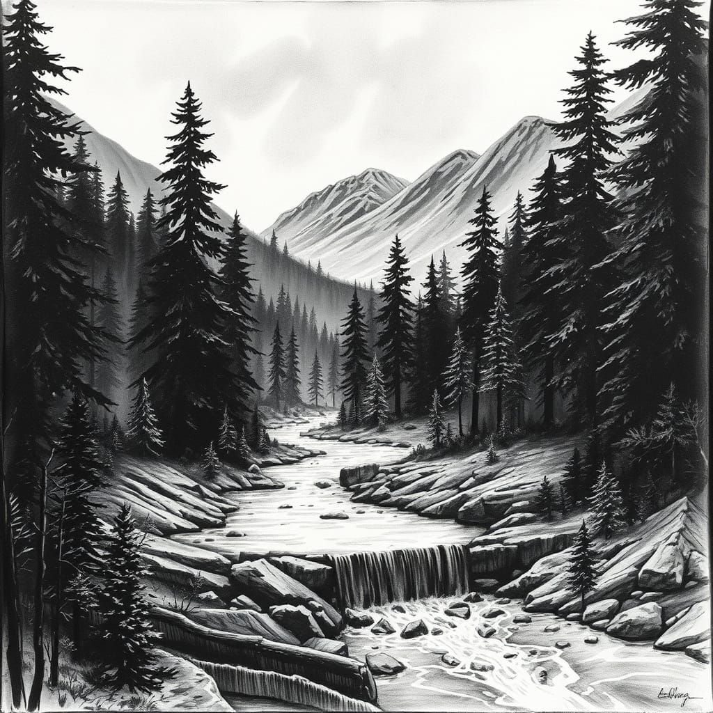 Charcoal Forest Landscape with Rippling Stream