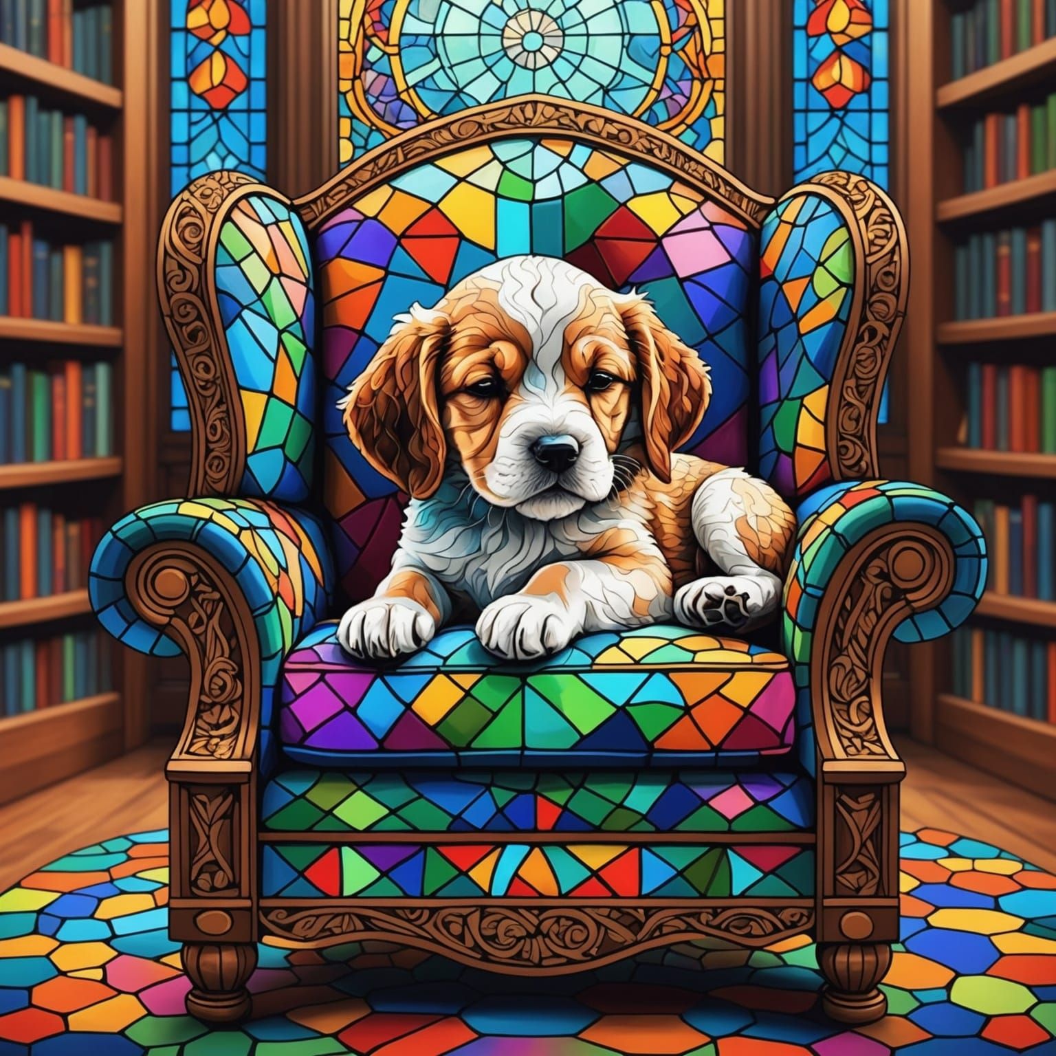 Puppy's Pointillist Dream in Library Reading Chair