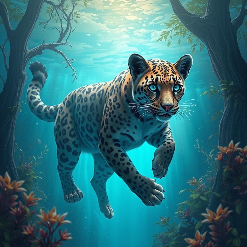 Clouded Leopard Swimming Underwater: High-Fantasy Concept Ar...