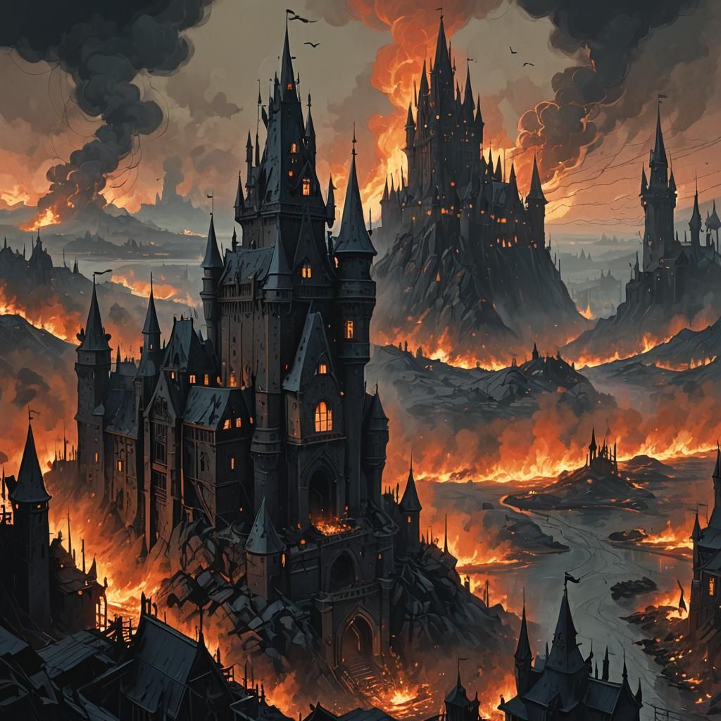 Dark Fantasy Castle Engulfed in Flames