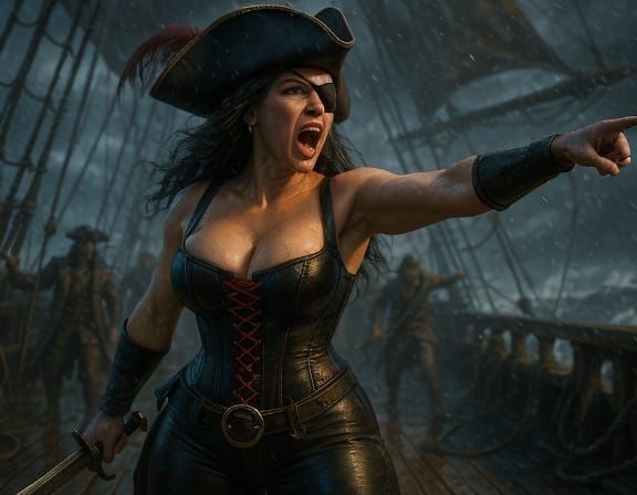 Female Pirate Captain Commands Crew in Stormy Seas