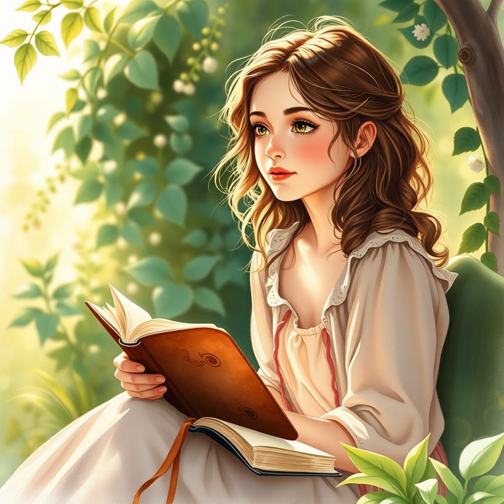 Serene Watercolor-Inspired Woman Lost in Thought