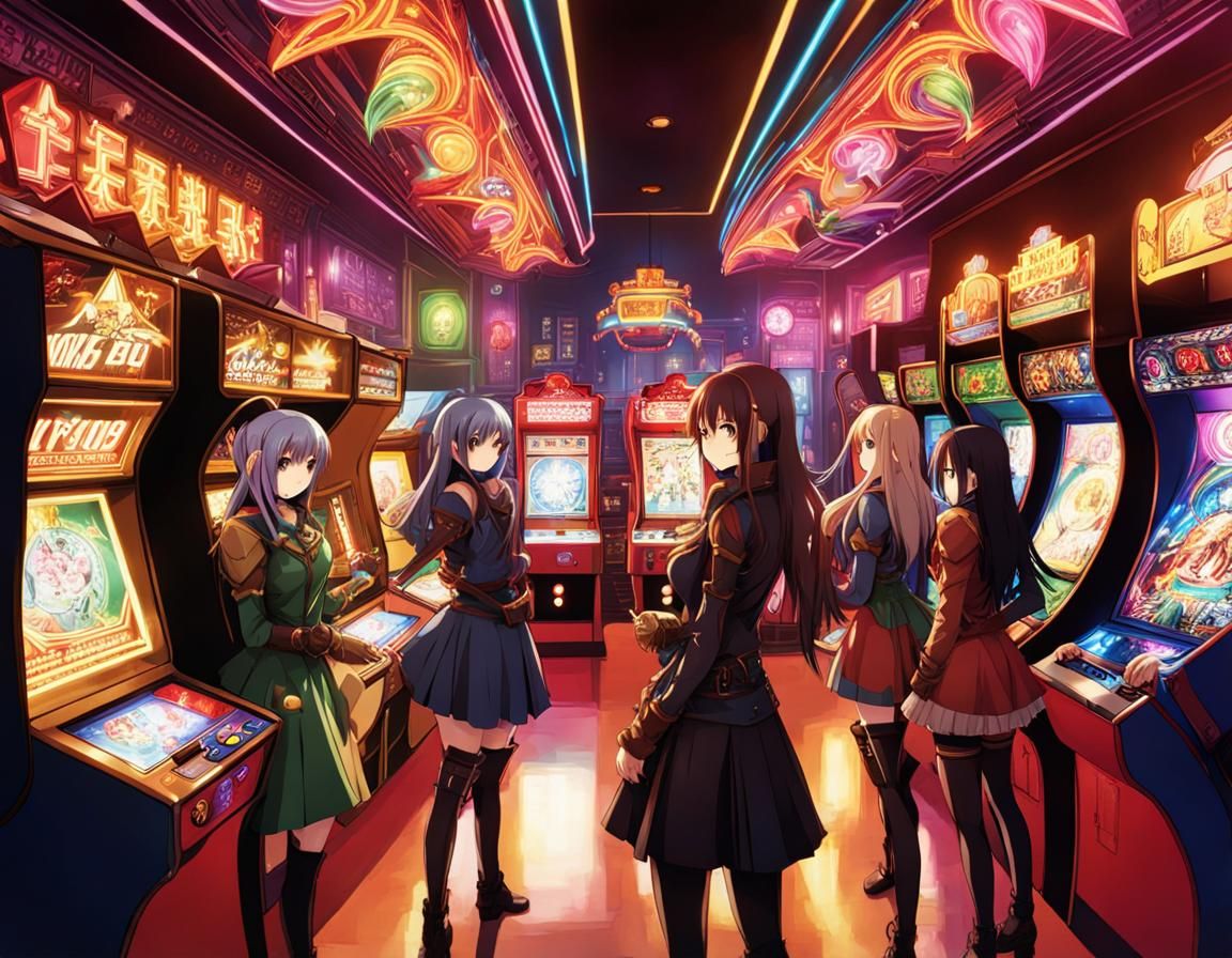 Anime Elf Women Play Arcade Games