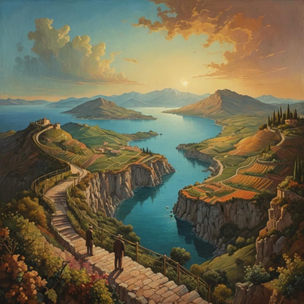 Surreal Landscape with Winding Stairs in Golden Light