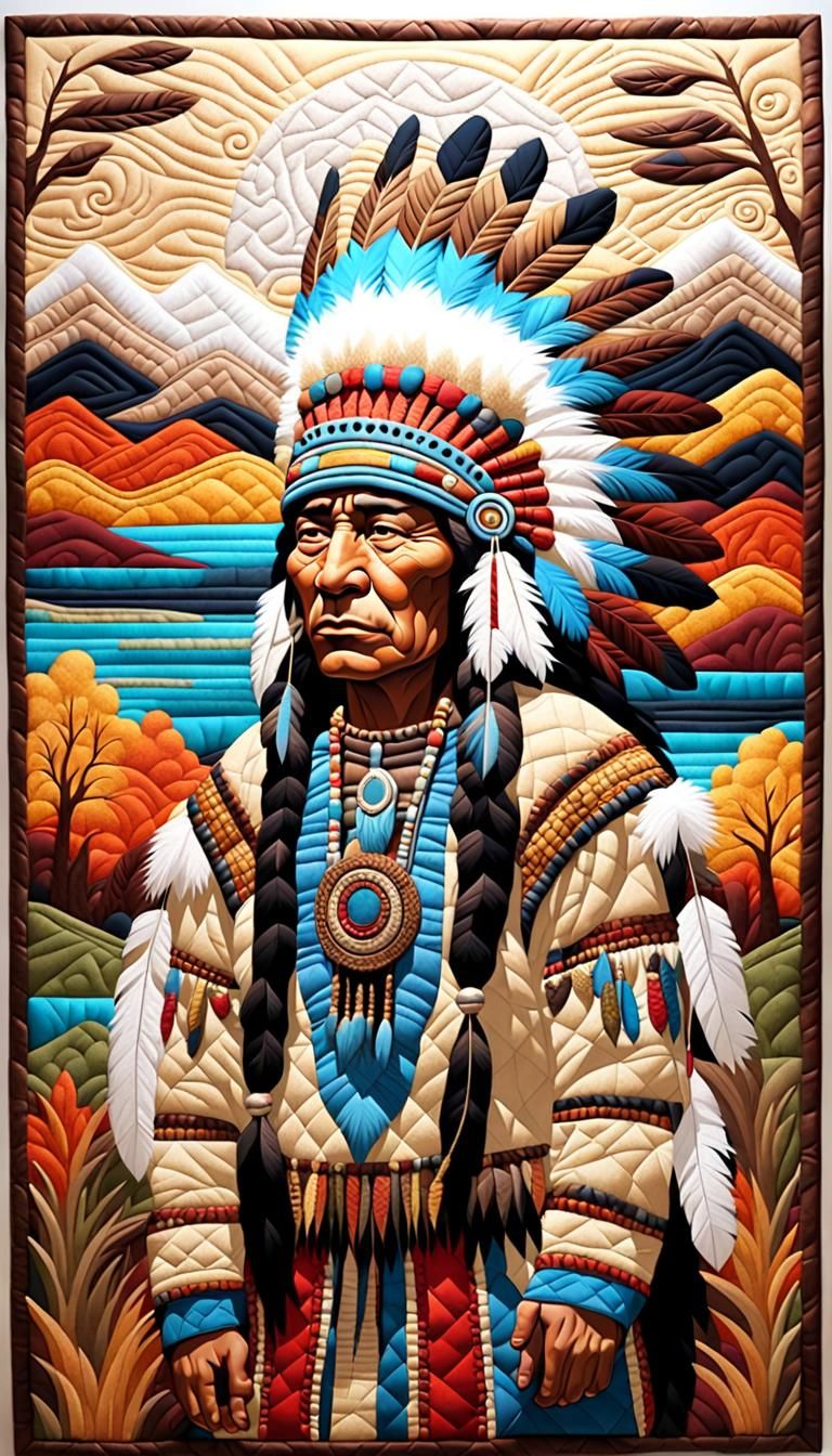 Gorgeous 3D patchwork Quilted wall art of an Native American Tribal Chief in Full  Feather headdress and Furs  in this m...