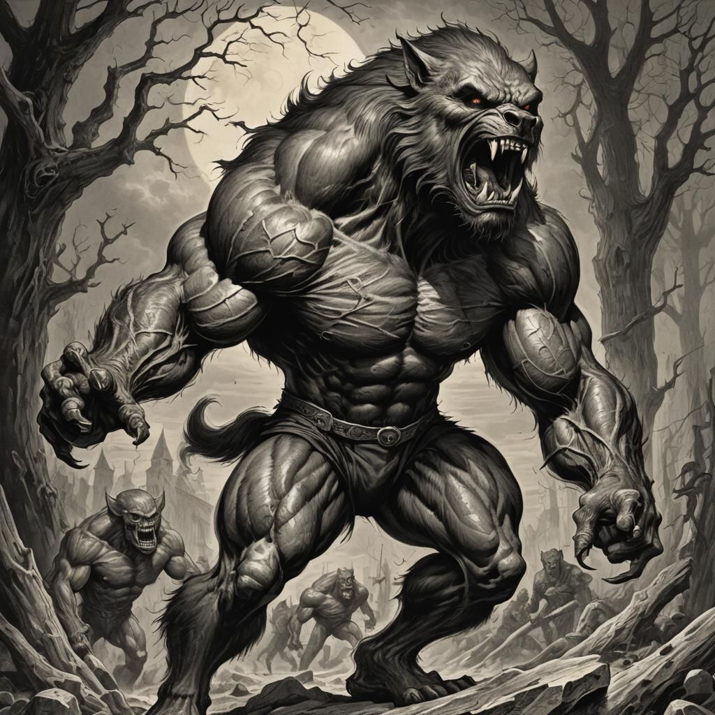 Muscular Werewolf Horror Illustration in Gustave Doré Style