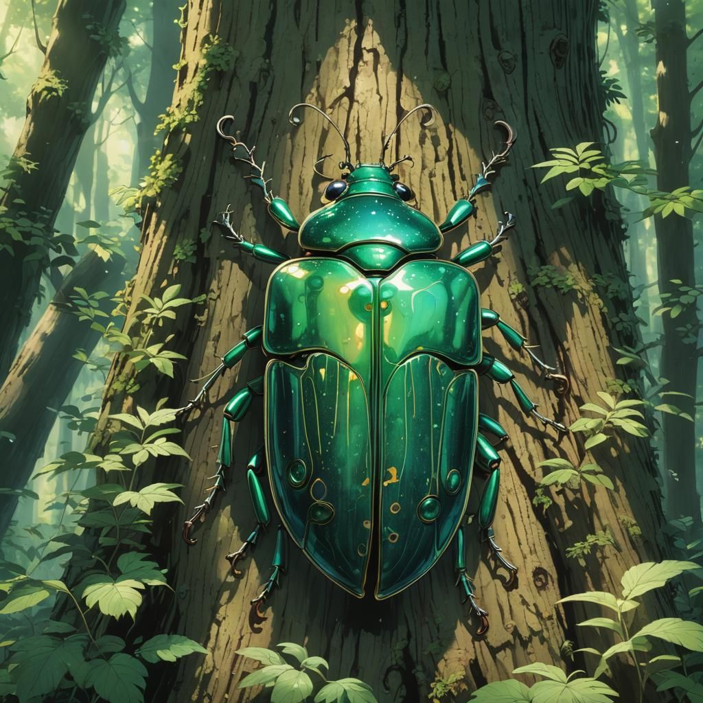 Opalescent Green Beetle in Ghibli Anime Style