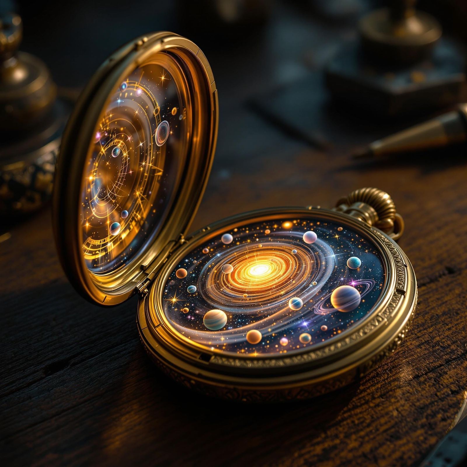 Golden Pocket Watch Reveal Miniature Cosmos
