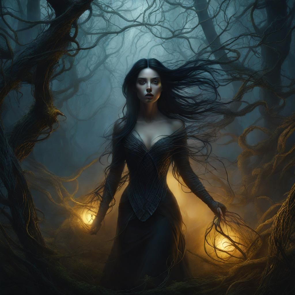 Smoky Woman Emerges from Dark Forest: Fantasy Art