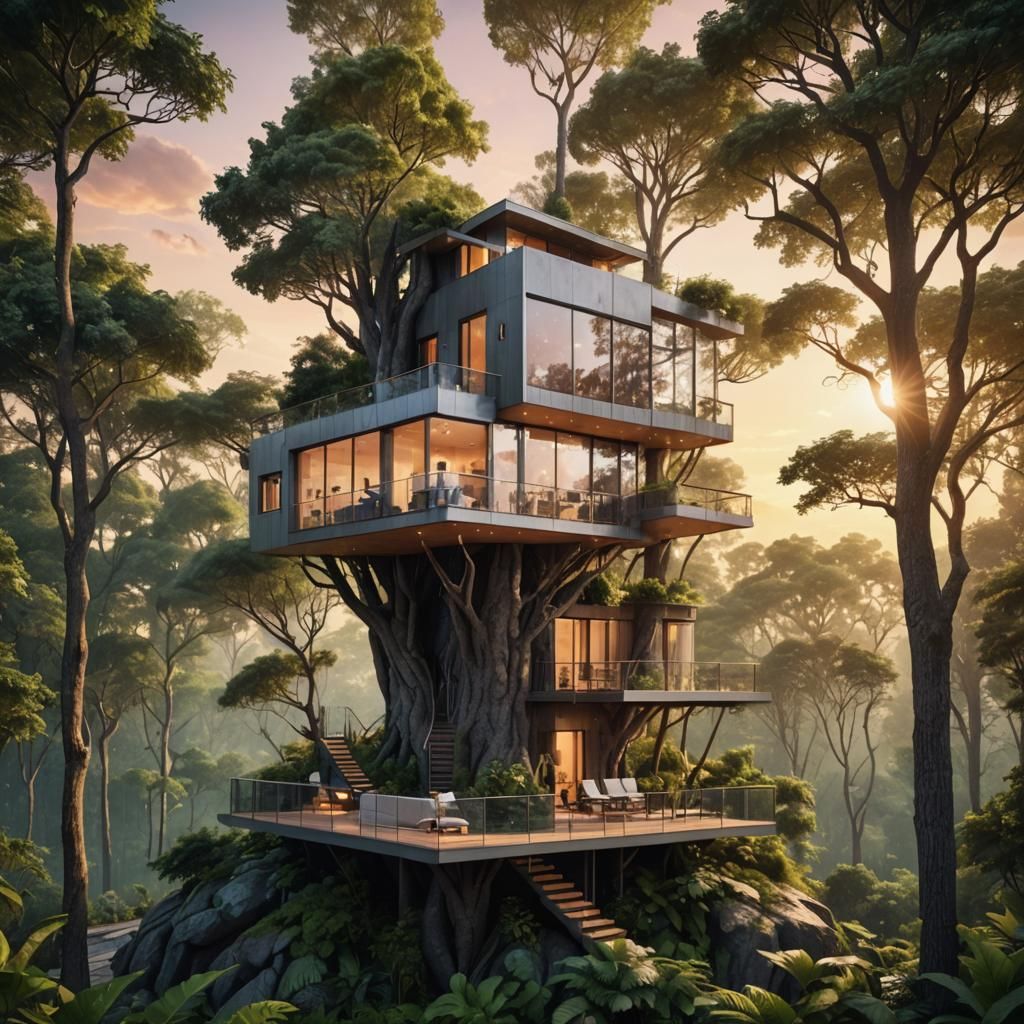 Modern Villa Atop a Tree in Forest Sunset