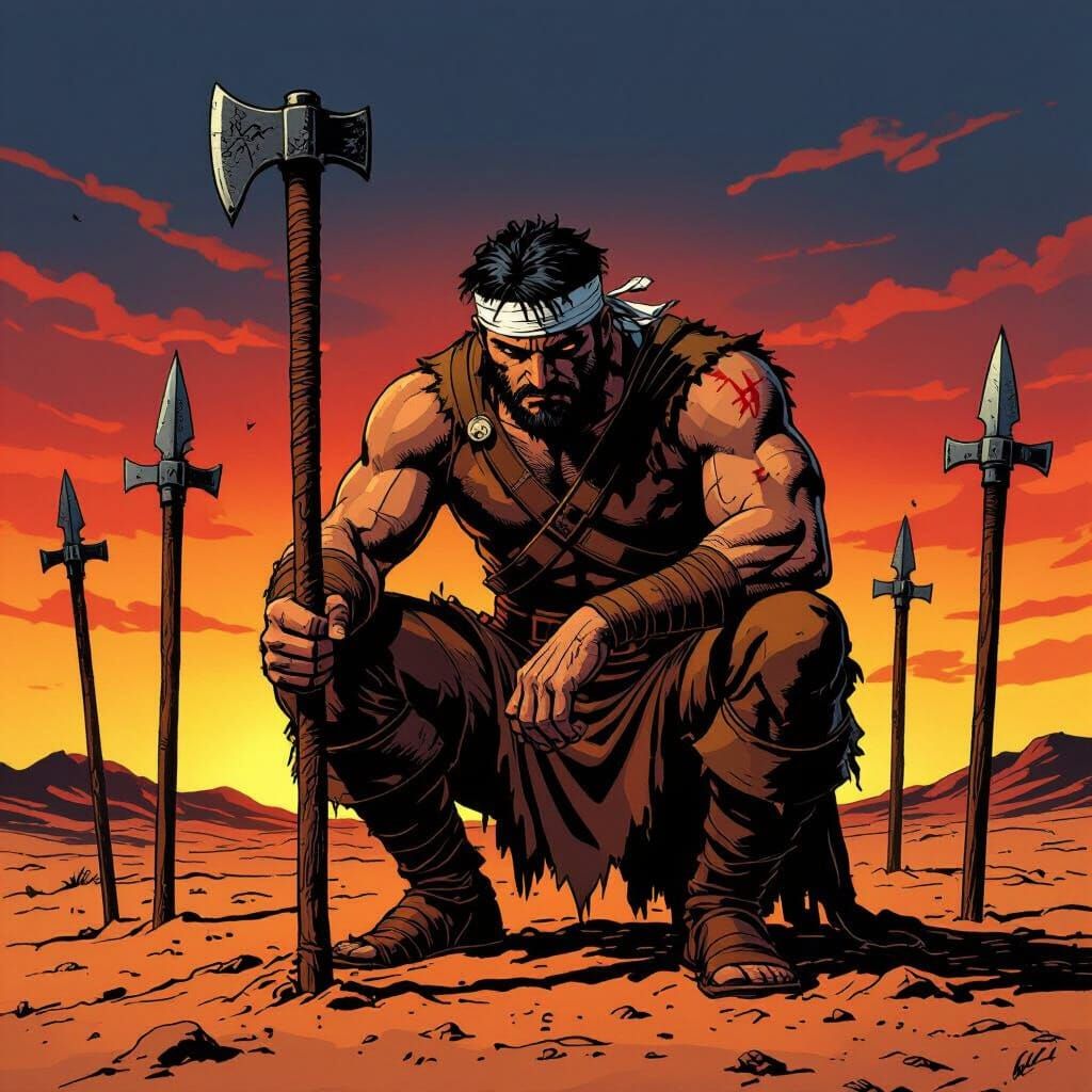 Warrior's Stand: Nine of Wands in Comic Style