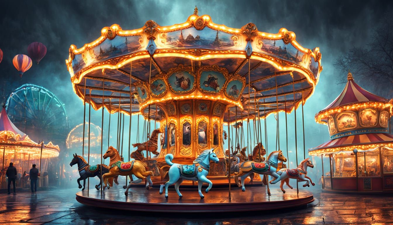 Whimsical Carousel with Cat Figures in Splash Art Style