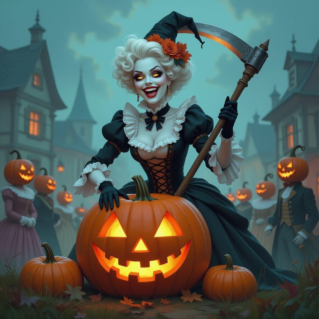 Undead Rococo Lady with Pumpkin Heads Harvest Festival