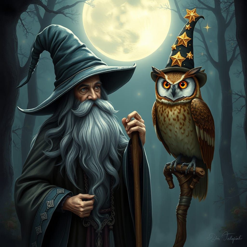 Mystical Wizard and Owl under Celestial Moonlit Forest
