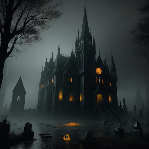 Black Specter in Flooded Cemetery with Lantern