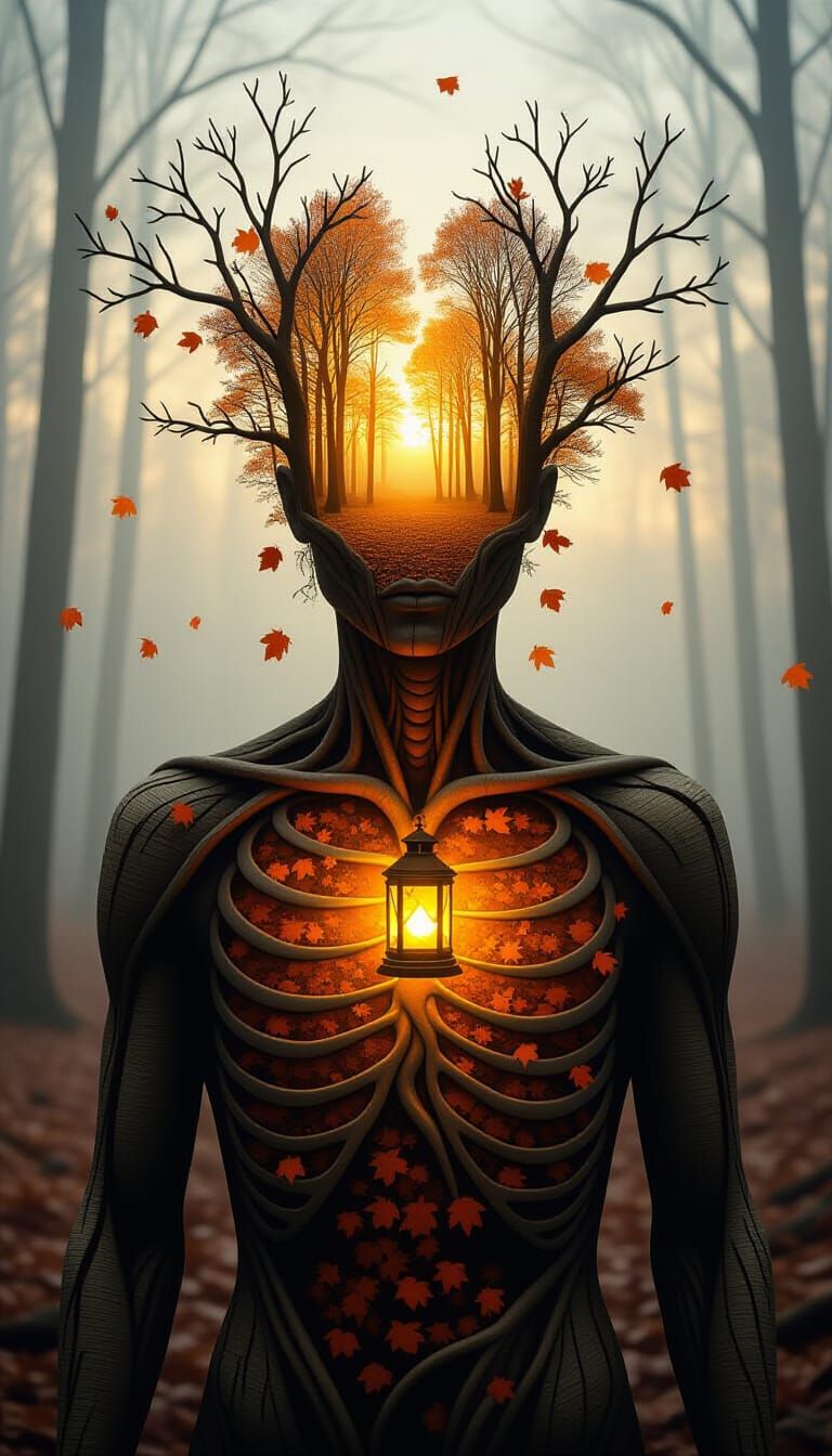 Surreal Portrait of Forest Heart Glowing Warmly