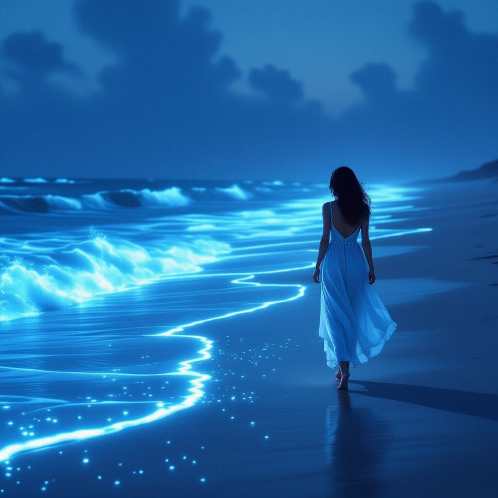 Bioluminescent Beach Stroll at Night