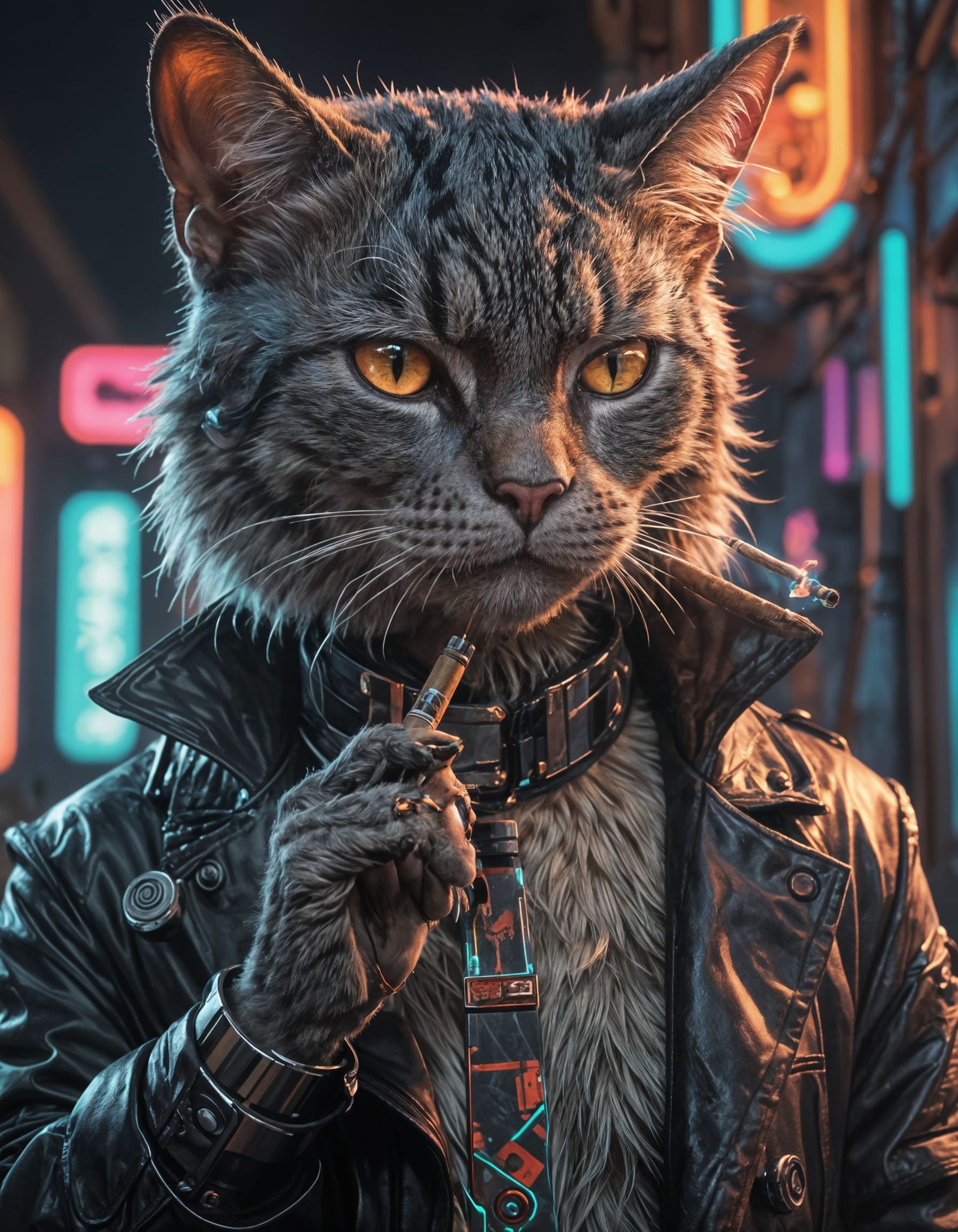 Cyberpunk Cat Smoking Cigar in Anime Style