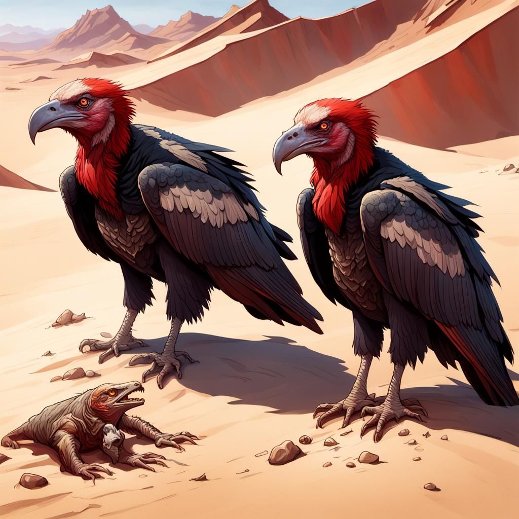 Surreal Desert Scene of Vultures Feasting on a Lizard Carcas...