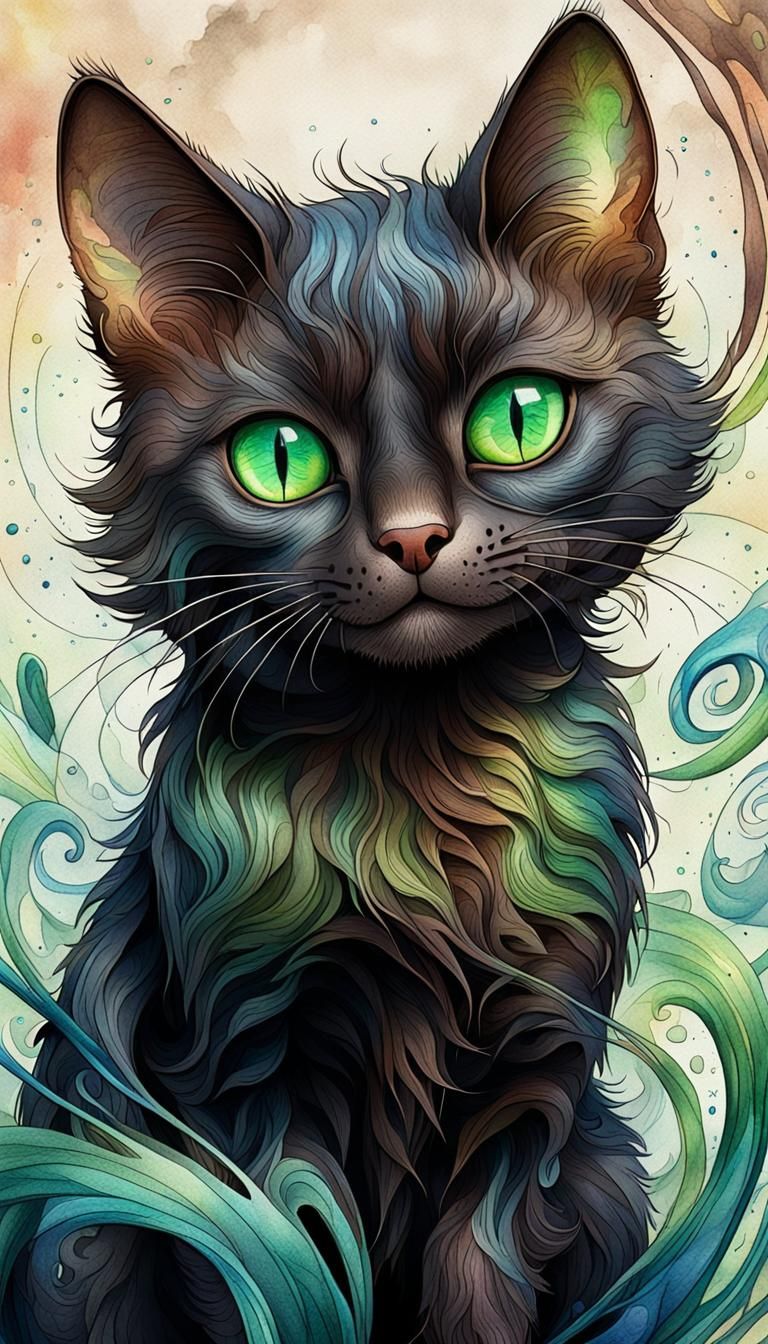 very detailed cartoon character with exaggerated features, stray black cat with an attitude, melodramatic facial express...