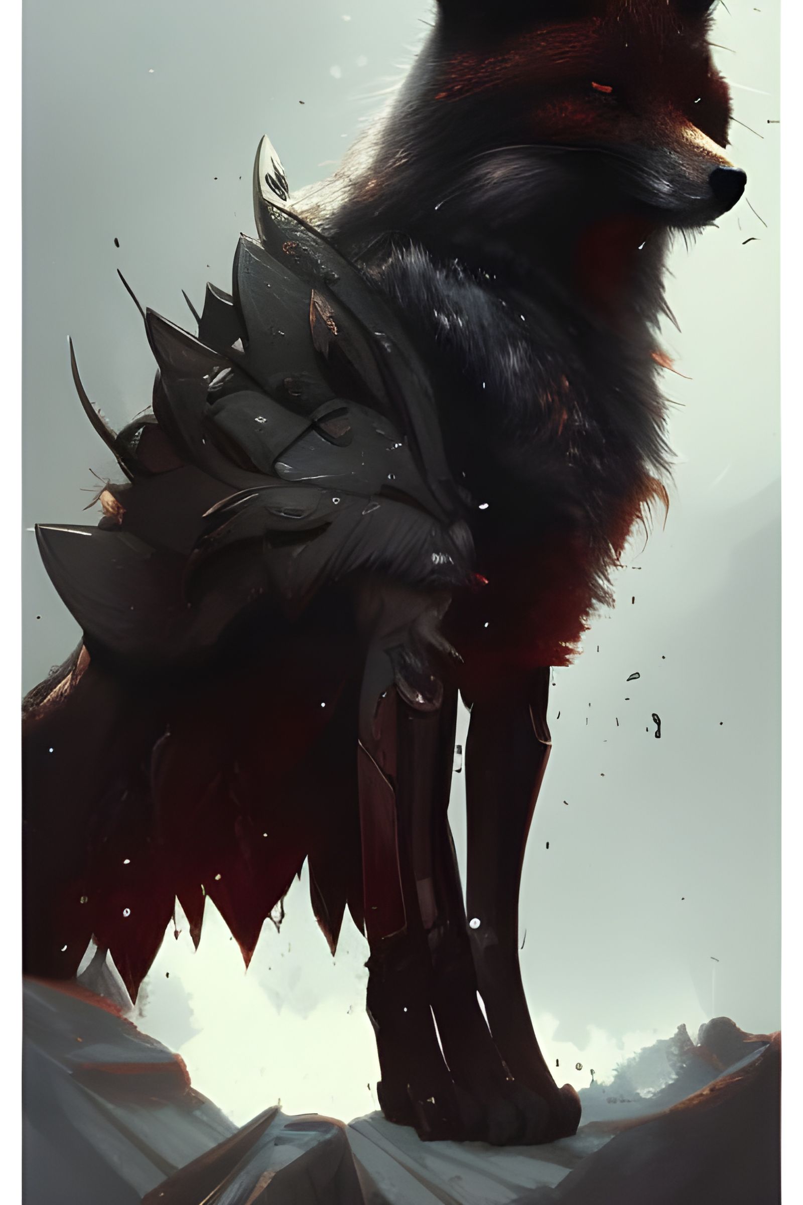 Armored Black Fox with Red Eyes, Detailed Digital Art