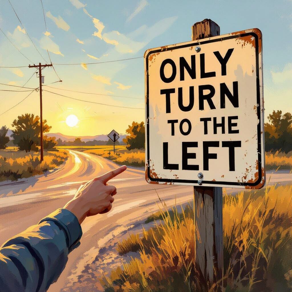 Person Points to "Only Turn Left" Sign in Golden Hour