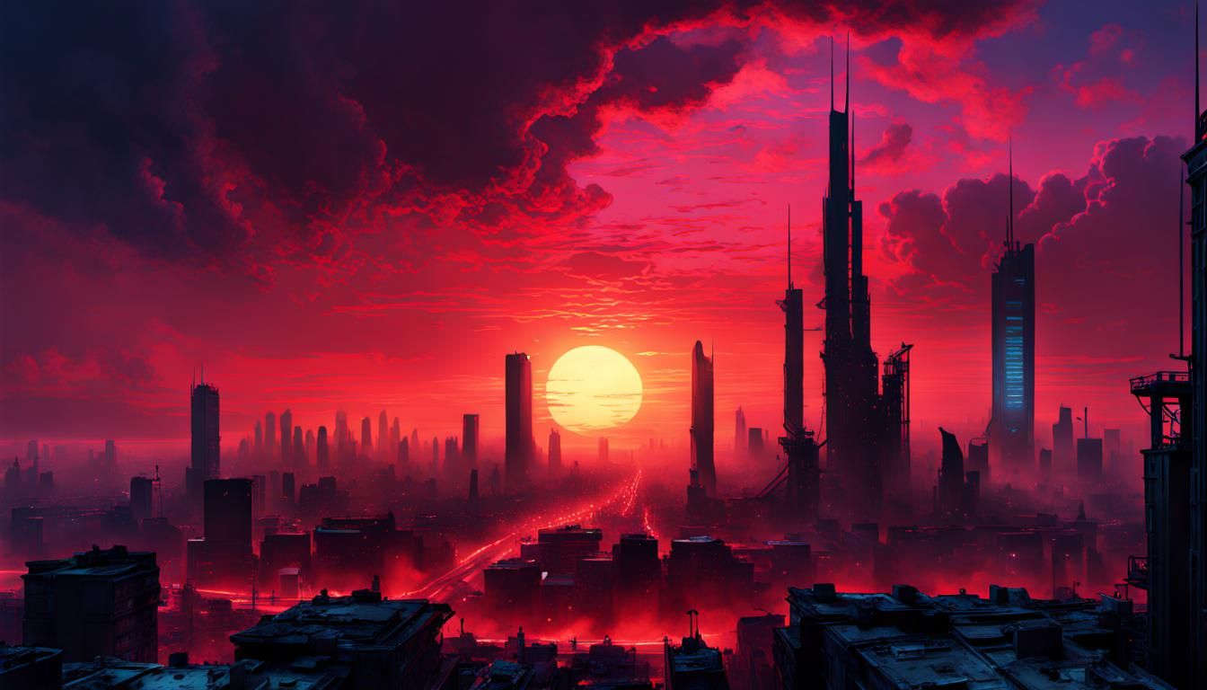 Vermillion Sunrise Over Cyberpunk Cityscape