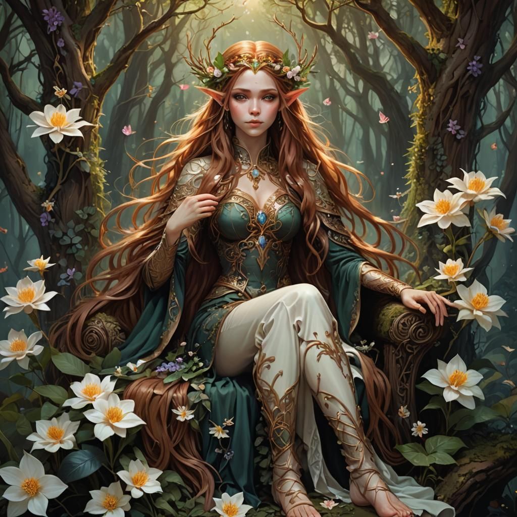 Elven Queen on Flower Throne in Eerie Forest