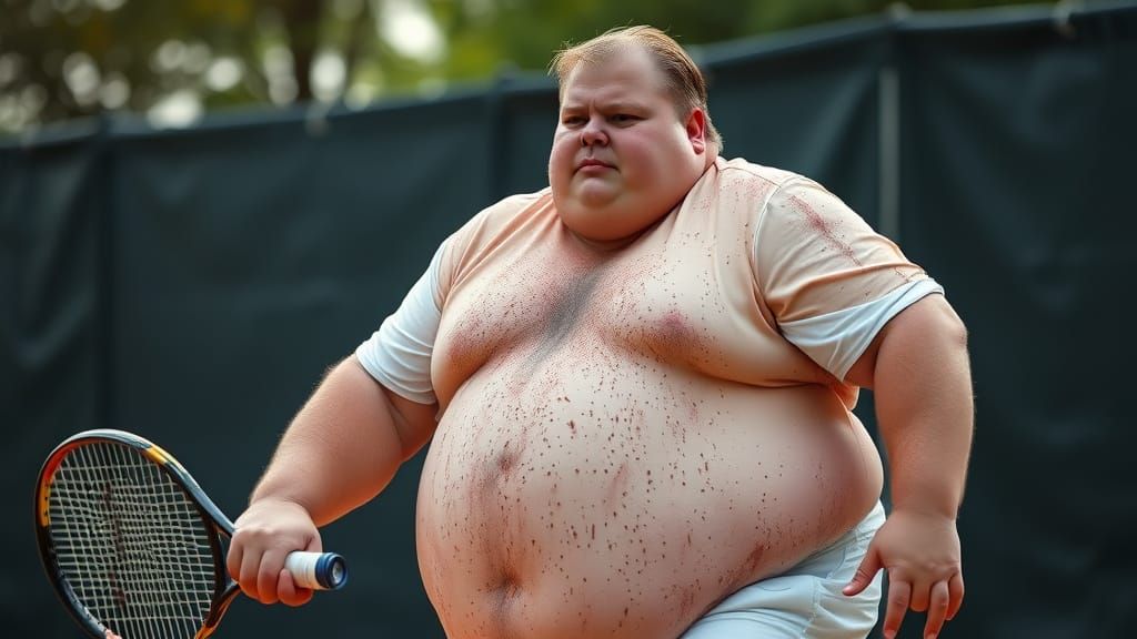 Sweaty Overweight Man Plays Tennis in Mid-Sprint