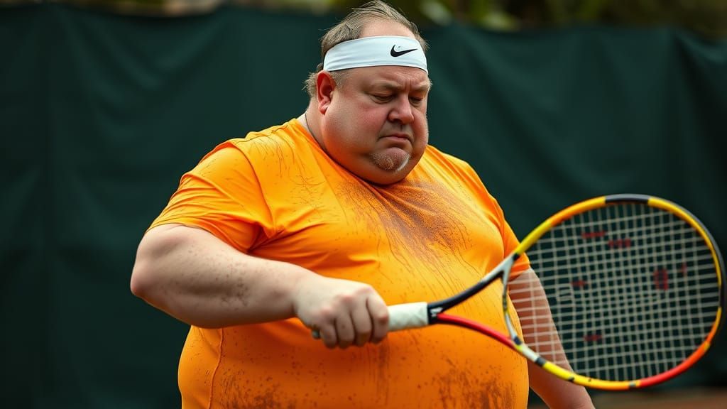 Serious Overweight Man in Sweat-Drenched Tennis Gear